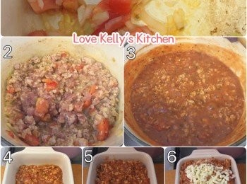 step2: 熱好油鑊，爆香洋蔥粒加入蕃茄粒和肉碎炒熟，倒入茄醬、茄汁、糖和黑椒碎熟至滾起就可以熄火備用；