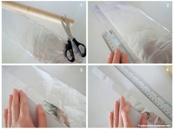 step1: ［制作模具］ 1）撕下小片的铝箔纸。2&3）在最长边往上折叠半寸至1寸。4）继续往上折至到形成坚固的长条状铝箔纸条。（铝箔纸条越厚有助于保持形状）