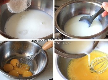 step2: 材料《A》製作蛋黃醬：

將細砂糖與鮮奶放在小鍋中加熱煮沸至糖完全溶解
再將鮮奶慢慢倒進已事先打散的蛋黃中
以緩慢的速度，邊倒邊攪的方式將它拌勻
