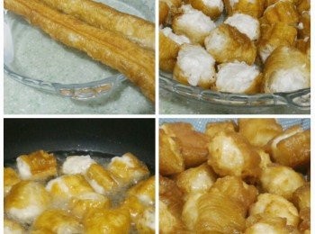 step2: 油條切段剪開釀入墨魚絞肉。用小火半煎炸至香脆及墨魚絞肉熟透後撈起瀝油。