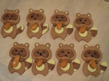 step14: 黑巧克力隔水煮至融化，然後用筷子點上眼晴，也可以畫上自己喜歡的造型。最後用巧克力漿把堅果粘上就完成啦。