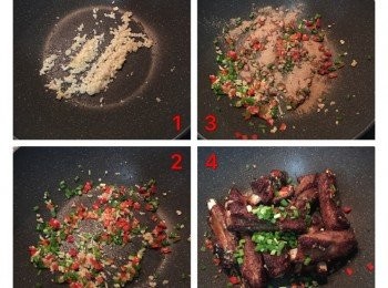 step4: 炒鍋內放入少許的香油，炒香蒜末後再放入辣椒丁及ㄧ半的蔥花略微拌炒出香氣，即可撒入椒鹽粉，並放入煎好的肋排拌勻，最後再把另一半的蔥花加入，略拌兩下即可起鍋。