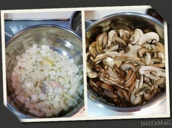 step3: 下牛油落煲，牛油熔後加蒜茸，洋蔥炒至帶啡色。
落磨菇炒香，蓋上蓋焗5分鐘，再加雞湯滾 5 分鐘，熄火。