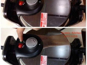step6: A. 格子鬆餅 Waffles：（成品： 9片。10-12cm寬，2cm 厚）

 鬆餅機調整火力、加熱至燈熄滅