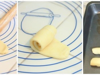 step13: 將休息好的麵糰桿成長形後翻面，由短向捲起，蓋上保鮮膜讓麵糰休息15分鐘。完成的小麵糰就是<span class="group_2">油皮</span>油酥麵糰。