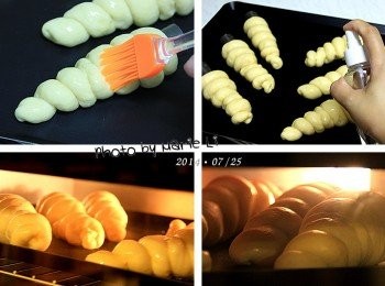 step8: 發酵完成的麵糰表面刷上一層蛋液
並噴點水以防表面上色太快
送進預熱好的烤箱中烘烤至表面成金黃色即可

《烘王A+ HW-9988，預熱 上180度、下180度》

先將烤箱設定好

上火：       180度
下火：       180度
吐司模放置：  上層
烘焙時間：  約20分鐘

※ 每台烤箱的狀況皆不相同，請依自家烤箱的狀況做調整設定。