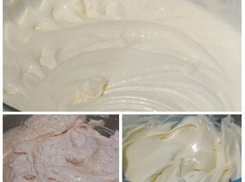 step5: 把250g淡忌廉加90g砂糖打起至七成企身後(可流動和有紋的狀態)分次拌入草莓芝士糊內。將魚膠粉水(16g魚膠粉)分次加入及拌勻。再把125g的淡忌廉加65g砂糖打起至七成企身後(可流動和有紋的狀態)再分次拌入檸檬芝士糊內。將魚膠粉水(6g魚膠粉)分次加入及拌勻。