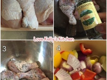 step1: 雞鎚用海鹽、Basil及青檸汁先醃1小時，將所有蔬菜切件備用；