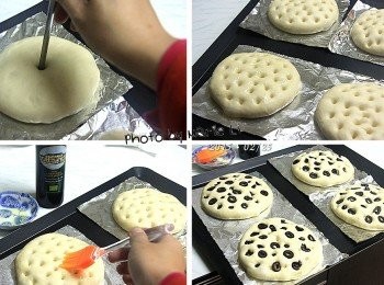 step4: 發酵完成的麵包會有點膨脹，切勿再搓揉
直接拿根筷子在麵皮上壓出一些小凹洞
然後再抹上一層橄欖油
於表面擺上些許的《黑橄欖片》
用手指稍微輕輕將橄欖片按壓進麵糰裡