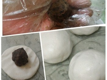 step5: 把粉團分割及搓圓後擀薄，包入豆沙後搓圓。