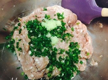 step1: 免治豬肉加生抽、雞粉、糖、麻油、生粉和酒拌勻，然後加入葱花、芫茜碎、薑蓉連薑汁拌勻。攪拌時一定要順同一方向攪，豬肉吃起來才會有彈性。