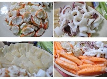 step4: 把大白蝦切薄片鋪在高麗菜絲上，再將透抽放置盤旁，接著將鮑魚片一片片排列整齊，最後再擺上蟹味棒