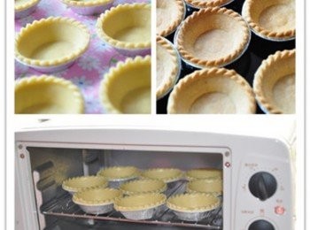 step2: 先將烤箱上下火160度預熱約5分鐘，再將現成的派塔放入烤箱烤約15~20分鐘(視個人烤箱品質而定)