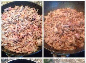 step2: 鍋內下少許油爆香一半的洋蔥和紅蔥頭，接著下全部的蒜末、蝦米和香菇。香味出來後放入切好的豬肉條拌炒逼油。炒到肉都赤赤後，加入鹽、五香粉、白胡椒粉和剩下的紅蔥頭炒勻。