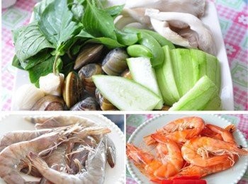 step1: 備料如圖:九層塔、絲瓜切長條片、秀珍菇、蒜頭切片、蛤蜊、白蝦(白蝦可以先燙熟)
