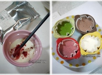 step3: 5 把麵糊裝入容器約九分滿
6 要做彩色就在此時加入調色的粉即可