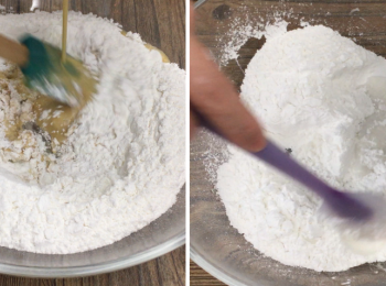 step5: （左圖及右圖）將糯米粉和澄麵篩過，分幾次加入微暖糖水，用手提攪蛋器攪勻。