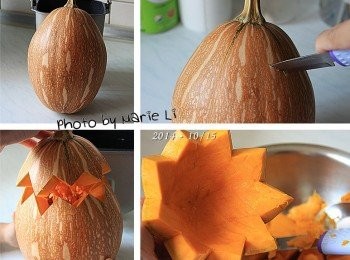step1: 將南瓜洗淨擦乾，先把頂部切出一頂南瓜帽
切口大小最好讓手能伸進南瓜裡
以利後續處理南瓜籽與南瓜肉挖取的作業。
