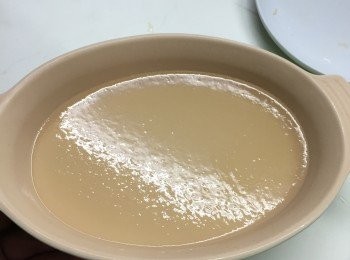 step5: 把蘋果汁溶液倒入平底碟子，放入雪櫃雪一夜。