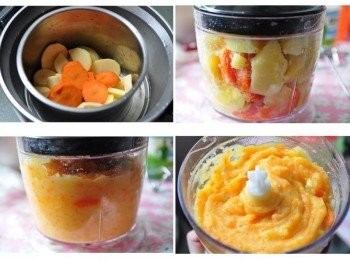 step3: 另外將馬鈴薯、地瓜、紅蘿蔔去皮洗淨後切塊狀放入電鍋蒸軟，取出再以調理機打成泥狀後待涼些