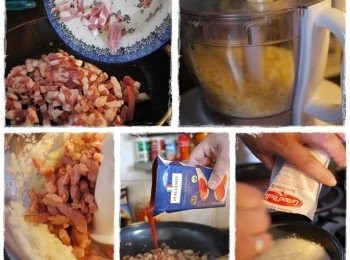 step2: 肉醬製作:培根肉先炒熟，同時起司攪碎成削狀，炒熟後的培根與洋蔥一起攪碎，完成後連同有機絞肉、起司削、碎肉洋蔥熱炒，淋上番茄調味醬汁與義大利麵醬粉(含500ml水)及千層麵醬粉(含適量牛奶)，均勻拌攪完成。