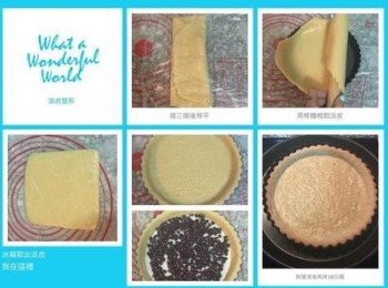 step2: 烤箱預熱到180度。冰箱取出派皮後,打開保鮮膜,在派皮上蓋一張保鮮膜,略微桿成薄片後，摺三摺,再桿平,重複2次後,桿成比模型大的圓型,用桿麵棍捲起派皮放在模型上,用手按壓讓派皮包覆模型,再用桿麵棍平放在模型上前後滾壓將多餘的派皮去除。