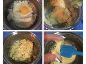 step3: 1&2.拌入一顆全蛋攪拌到完全被麵團吸收 3&4.再拌入一顆全蛋，一樣是攪拌到完全被麵團吸收，最後再拌入一顆蛋黃，攪拌到黏度同圖4,即可裝入擠花袋。