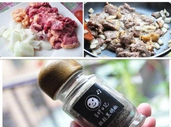 step3: 另外利用沙朗的邊油放入鍋底爆香，再將洋蔥與牛排塊一起拌炒，並加入黑胡椒粒調味