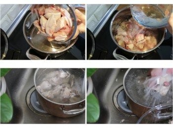 step2: 雞肉以冷水汆燙方式，
由冷水慢慢加熱至滾，去除血水雜質，
然後沖洗乾淨備用。