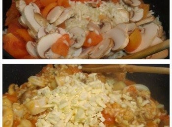 step5: 加入蕃茄，白菌煮至白菌軟身後再加入海鮮一起煮，下鹽，糖及pasta sauce調味待海鮮煮熟後，加入芝士煮溶及拌勻便可。