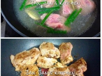 step1: 牛腩用薑、蔥、料酒飛水4分鐘瀝乾，燒熱鑊加非常少的油略煎至金黃色撈起備用。