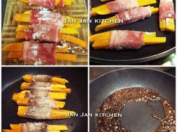 step1: 南瓜切稍為粗條，用微波爐叮或蒸5成熟。
豬肉片逐片將南瓜捲起，隨意放入數條南瓜，洒上些海鹽調味。煎前撲上些少生粉，熱油，將南瓜卷四面煎熟排上碟，趁鍋熱，下調味料煮熱，關火，淋於卷上，洒上芝麻即成。