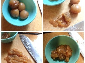 step3: 3）將梅子去核，將梅肉剁碎，備用。
