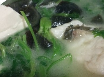 step1: 做法:魚叫魚檔斬件,豆腐切方丁,
         芫荽切段,肉用少許鹽醮下,
         皮蛋分8件,
         先用薑起鑊煎下啲魚後,
         贊熱水加水許鹽滾奶白色轉細火,
         肉片飛水後加入魚湯滾下後，
         再落芫荽皮蛋,最後落豆腐即成。