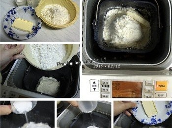 step2: 製作《主麵糰》：

中種麵糰：        全部
法國麵包粉：      100g
水：               65g
細砂糖：           20g
鹽：                2g
無鹽奶油：         20g


將所有材料全放進麵包機
和裡面已經發酵好的中種麵糰放一起
以 Mode30 《烏龍麵麵糰模式》攪打成主麵糰
一輪只要打 15分鐘 就結束了
