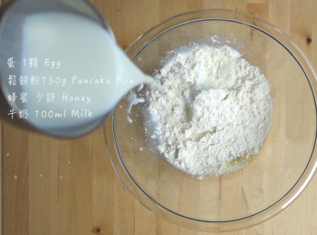 step2: 找一個容器打一顆蛋+鬆餅粉+蜂蜜+牛奶