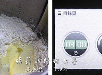 step2: 將水、糖、雞蛋、新鮮酵母、鹽、麵粉和奶油 使用萬能雙手或麵包機、攪拌機等揉成糰 (我是使用美善品多功能料理機) 再加進切碎的綜合堅果揉成有彈性的麵糰。