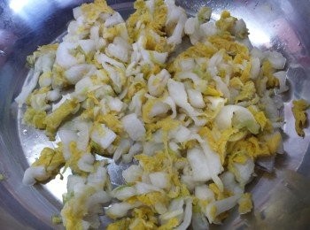 step1: 先將紹菜切碎，用2茶匙鹽醃1小時或至菜軟身。