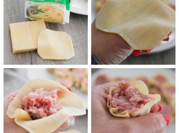 step2: 用黃色的廣東雲吞皮，可剪去四角成圓形。將雲吞皮放在手上，餡料放正中央，用刀壓實餡料，包好