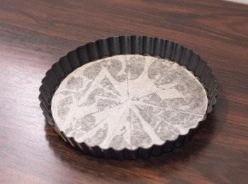 step1: 直徑 18 cm 深 2.5 cm 批盤內塗一層薄薄的油／牛油／nonstick spray，底部墊一張牛油紙