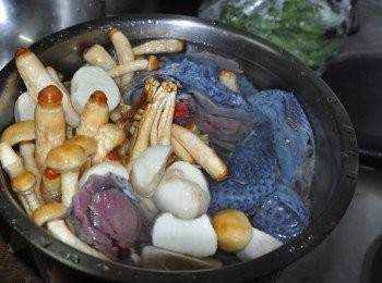 step4: 再將烏骨雞熱水略沖燙去血水，再一起湯入湯鍋中，放進電鍋，外鍋約2量杯水滾煮至電元跳起，再稍微放入鹽巴調味即可