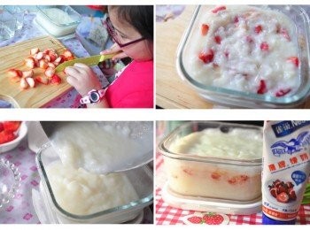 step3: 接著讓女兒把草苺切成塊狀(因為小孩還小無法掌握大小，所以大人事後可以幫忙再切小塊些)，先將部分玉米<span class="group_2">粉糊</span>裝入容器中，將碎草苺鋪在<span class="group_2">粉糊</span>上，最後再將剩餘的玉米<span class="group_2">粉糊</span>倒入容器中鋪蓋，等全部冷卻後移致冰箱冷藏約3小時以上