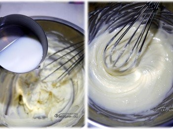 step3: 馬斯卡彭+細砂糖打發呈乳霜狀；吉利丁片先泡冰塊水變軟後，放入加熱的牛奶中；接著倒入 4中，拌勻