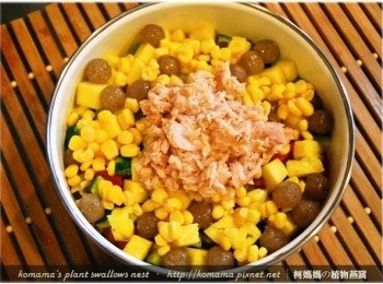 step7: 直接放入水煮鮪魚罐頭，並將所有<span class="group_1">食材</span>拌一拌。