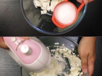 step6: 第二層：<span class="group_2">烤芝士蛋糕</span>
焗爐轉預熱150度
Cream Cheese放軟至可手指輕易按入的程度
之後加糖用打蛋器打至順滑，