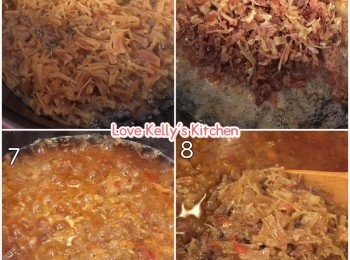 step3: 倒入大量油大火熱油，見油開始起泡後放入元貝絲轉中火炸香，然後隔走油盛起備用；用回炸元貝的油加熱大火炸蒜粒、紅蔥頭粒和指天椒粒炒一陣隔油盛起；