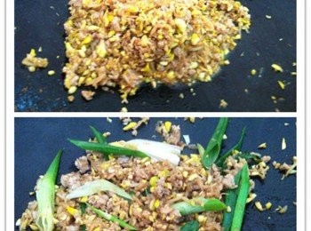 step2: 取出鍋將剁成碎的大豆芽和肉碎下鍋炒干水分盛起，加入適量的食油爆香蒜蓉和蔥碎。