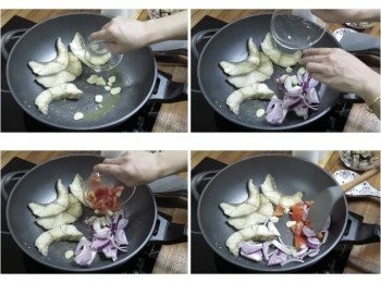 step5: 鍋旁空間加入蒜片ˊ紫洋蔥ˊ番茄ˊ拌炒至甜味香味釋出