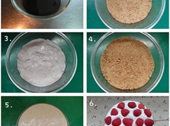 step7: 取一個保鮮盒(約6吋)依序鋪上1.巧克力2.消化餅3.覆盆子鮮奶油4.消化餅5.巧克力6.消化餅7.巧克力冷卻後最後鋪上覆盆子鮮奶油
