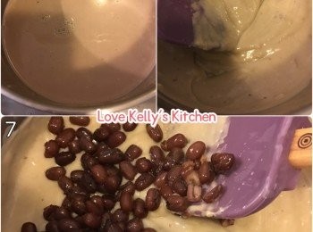 step2: 水和粟粉攪均，然後倒入2）的混合物內，攪拌時轉細火攪至杰身，熄火加入紅豆再攪均，便可放入盆/模內，放入雪櫃雪3-4小時便可享用